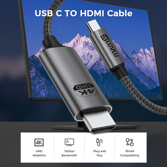 Cablu Luvlu Usb C la Hdmi UHD 4K@60Hz Viteză 18Gbps 3D HDR HDCP Dublu Împletit Compatibil Thunderbolt 3/4 Iphone 16 Pro Max Macbook Pro Air Galaxy S8 la S23 Ipad Pro Imac Lungime 2m