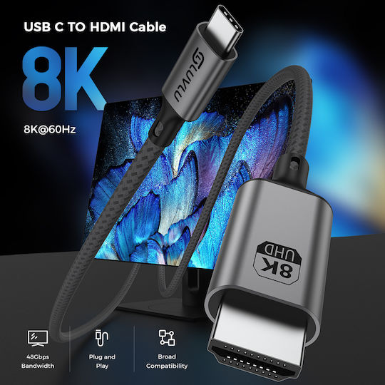 Luvlu Cablu Usb C la Hdmi Uhd 8k@60hz 4k@240hz Hdr 3d Hdcp Viteză 48gbps Dublu Împletit Compatibil Thunderbolt 4 Iphone 16 Pro Max Macbook Pro Air Galaxy S22 S23 Ipad Imac Lungime 1.8m