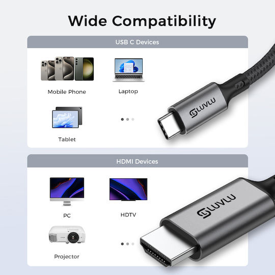 Luvlu Cablu Usb C la Hdmi Uhd 8k@60hz 4k@240hz Hdr 3d Hdcp Viteză 48gbps Dublu Împletit Compatibil Thunderbolt 4 Iphone 16 Pro Max Macbook Pro Air Galaxy S22 S23 Ipad Imac Lungime 1.8m