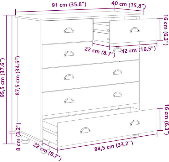 Chest of Drawers of Solid Wood Brown 91x40x95.5cm