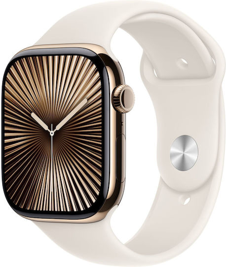 Apple Watch Series 10 Cellular Titan 46mm Waterproof cu eSIM și Pulsometru (Titan Aurit cu Brățară Sport Starlight - M/L)
