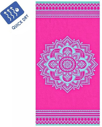 Prosop de plajă din bumbac, model mandala, 150x75cm, fucsia