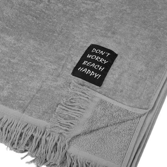 Prosop de plajă Patch Don't Worry Beach Happy din bumbac 90x170cm gri