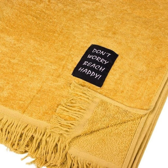 Prosop de plajă din bumbac Patch Don't Worry 90x170cm galben muștar