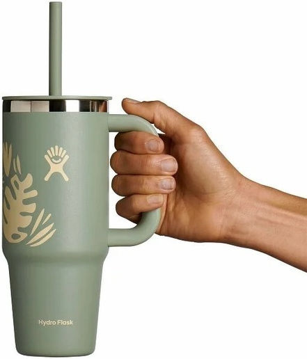 Hydro Flask Travel Tumbler Handled Thermos Stainless Steel 710ml Botanical Bliss Agave with Straw and Handle