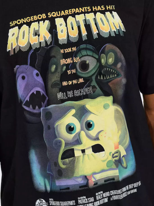 Tricou cu mânecă scurtă pentru adulți – Spongebob – „Spongebob Pantaloni Pătrați a Ajuns la Fundul Prăpastiei” Negru