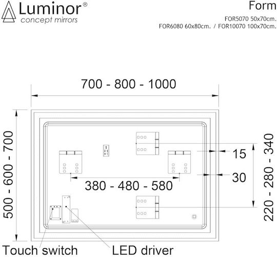 Luminor Form Rechteckiger Badezimmerspiegel Led 50x70cm Schwarze