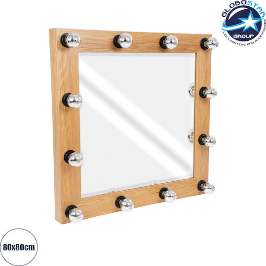GloboStar Makeup Mirror Wall Mirror with Beige Wooden Frame & LED Lighting 80x80cm 1pcs