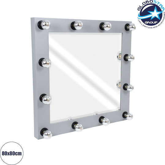 GloboStar Καθρέπτης Τοίχου με Γκρι Ξύλινο Πλαίσιο & LED Φωτισμό 80x80cm