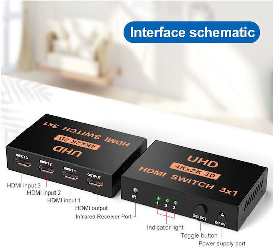 Atc Hdmi Switch Μεταλλικό 3 In 1 Out 4k X 2k Remote