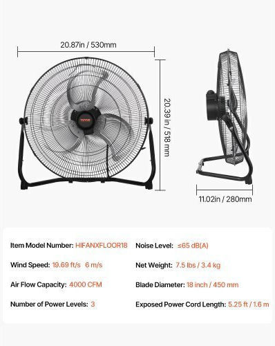 Vevor Floor Fan 120W Fan Diameter 45cm Black