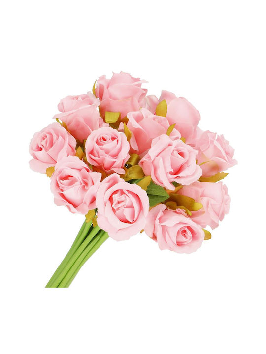Artificial Flower Bouquet Made Polyester 12 Stems Roses 26cm Pink