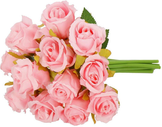 Artificial Flower Bouquet Made Polyester 12 Stems Roses 26cm Pink