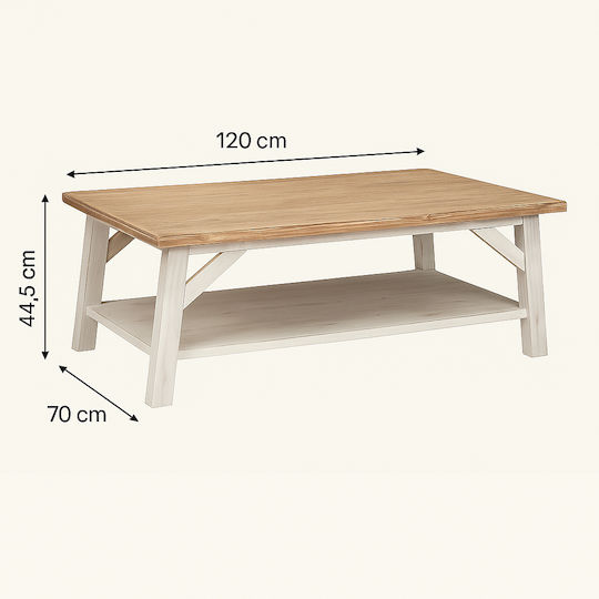 Masa Centrală Rectangulară Olbia Din Lemn Masiv Alb L120xL70xÎ45cm