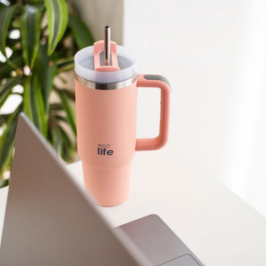 Lifegreen Ανακυκλώσιμο Handled Tumbler Θερμός Ανοξείδωτο / Πλαστικό BPA Free 900ml Flamingo Pink με Καλαμάκι και Λαβή
