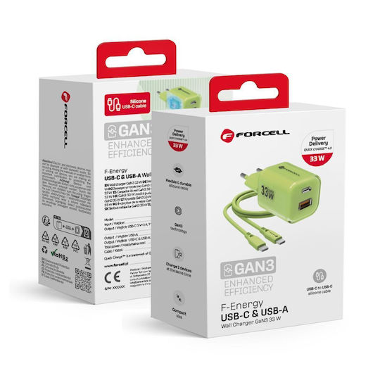 Forcell Charger GaN with USB-A Port and USB-C Port and Cable USB-C - USB-C 33W Power Delivery / Quick Charge 4.0 Greens (F-Energy VT-41)
