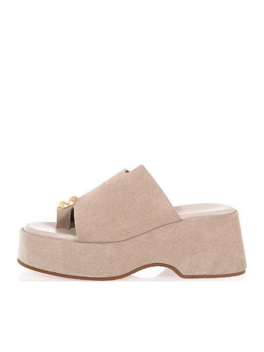 Leather Women's Flat Sandals in Beige Color