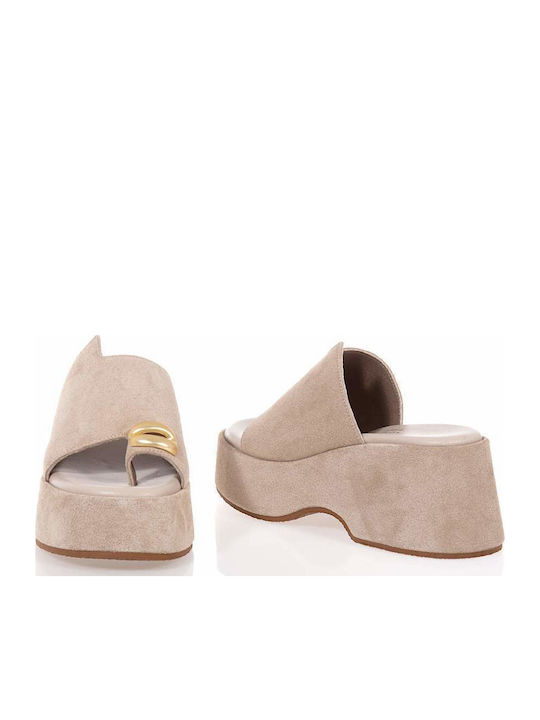 Leather Women's Flat Sandals in Beige Color