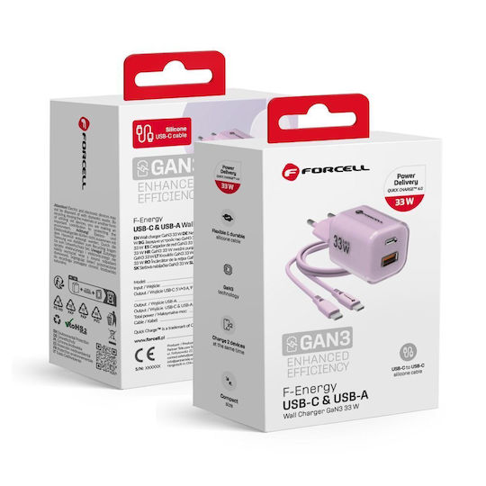 Forcell Încărcător GaN cu Port USB-A și Port USB-C și Cablu USB-C 33W Livrarea energiei / Quick Charge 4.0 Violet (F-Energy VT-41)