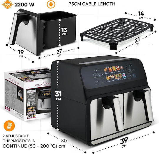 Profi Cook Air Fryer με Διπλό Αποσπώμενο Κάδο 8lt Μαύρο