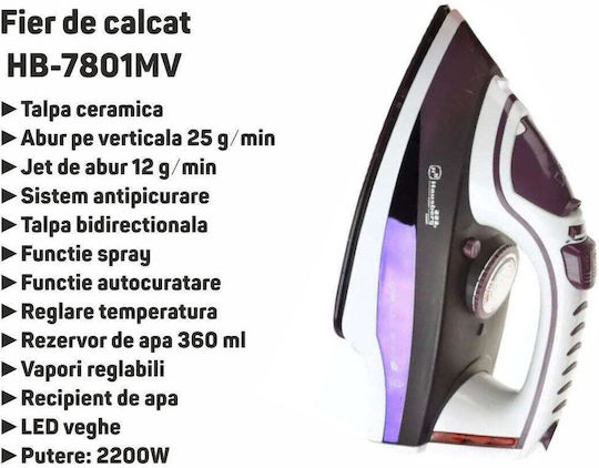 Hausberg Fier de Călcat cu Aburi 2200W cu Talpă Ceramică și Debit Continu de Abur 17g/min
