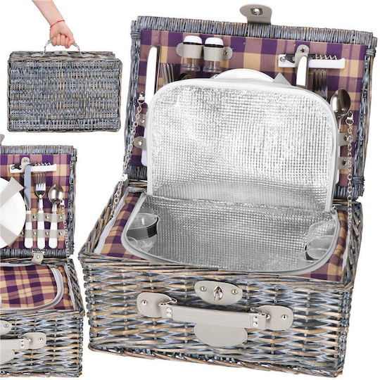 Coș de picnic deluxe pentru 4 persoane, din răchită, cu veselă, tacâmuri și izolație termică, gri