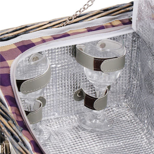 Coș de picnic deluxe pentru 4 persoane, din răchită, cu veselă, tacâmuri și izolație termică, gri