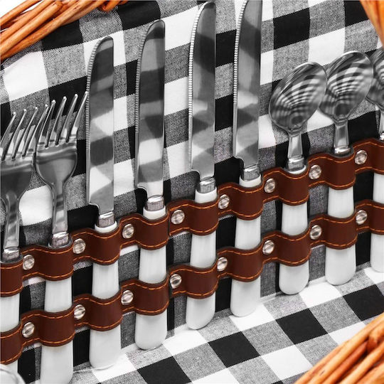 Coș de picnic deluxe pentru 4 persoane, din răchită, cu veselă, tacâmuri și izolație termică, maro
