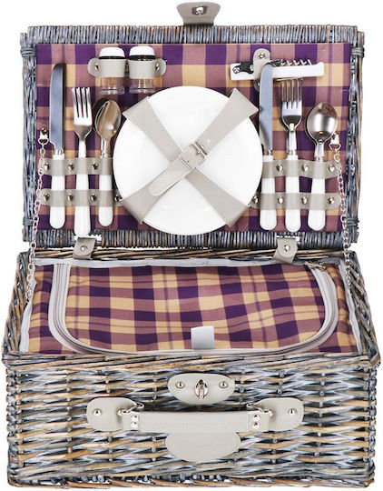 Coș de picnic deluxe pentru 4 persoane, din răchită, cu veselă, tacâmuri și izolație termică, gri