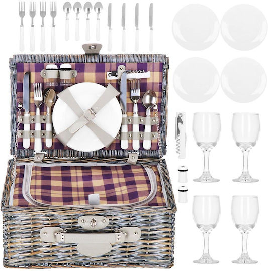 Coș de picnic deluxe pentru 4 persoane, din răchită, cu veselă, tacâmuri și izolație termică, gri