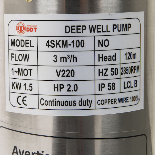 Pompa submersibilă Ddt 4skm-100 1.5 kW oțel inoxidabil + alamă 3 m³/h 120 m