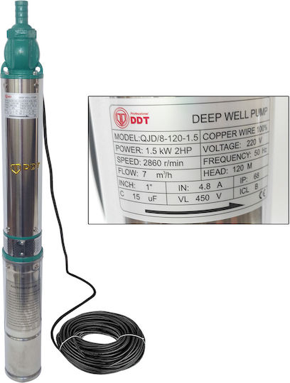 Pompa submersibilă pentru puț adânc Ddt Qjd120-1.5 1500 W oțel inoxidabil 8 turbine