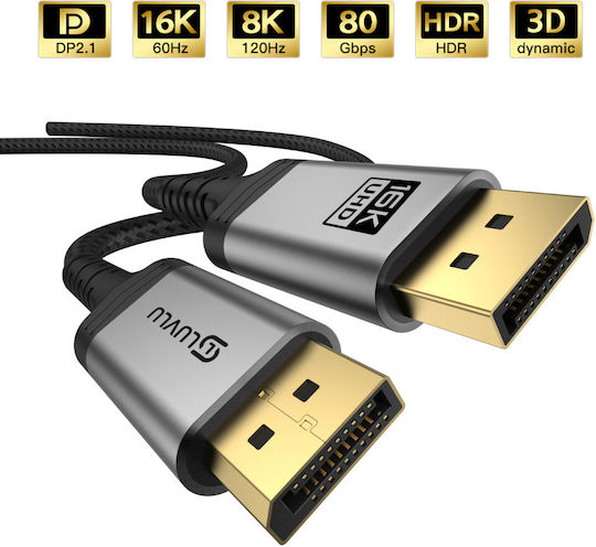 Cablu Luvlu DisplayPort 2.1 DP la DP 16K@60Hz 8K@120Hz 4K@240Hz Viteză până la 80Gbps DSC 1.2a HDR Dinamic 3D HDCP Dublu Împletit, Conectori Placati cu Aur, Lungime 2m