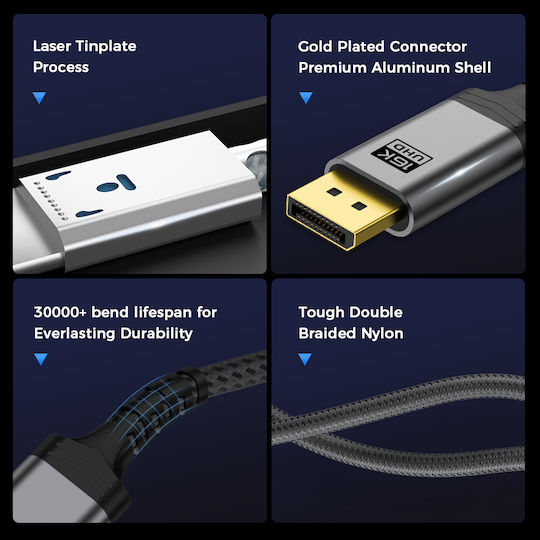 Cablu Luvlu DisplayPort 2.1 DP la DP 16K@60Hz 8K@120Hz 4K@240Hz Viteză până la 80Gbps DSC 1.2a HDR Dinamic 3D HDCP Dublu Împletit, Conectori Placati cu Aur, Lungime 2m