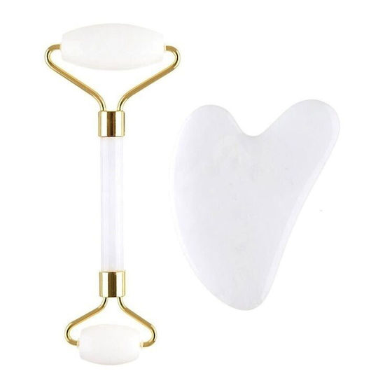 Gua Sha Jade Roller Set Macvi Facial Body Massage Skin Rejuvenation Lymphatic Drainage White
