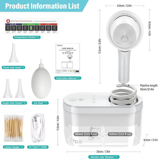 Dispozitiv Electric De Curățare A Urechilor Îndepărtează Eficient Ceara 4 Moduri De Irigare Presiune 8-15psi Rezistent La Apă Ipx5 Usb C Două Rezervoare De 400 Ml 3 Vârfuri Din Silicon 1 Pompă 1 Bețișor Pentru Urechi 1 Termometru Autocolant