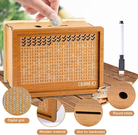 Wooden Piggy Bank A Savings Target 5000 Euros Check-off Numbers 20 X 14.5 X 7 Cm Reusable Wooden Piggy Bank A Savings Target 5000 Euros Check-off Numbers 20 X 14.5 X 7 Cm Reusable