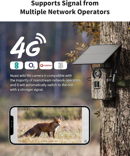 4g Trail Camera Solar Panel Motion Sensor Night Vision 170° Angle Camera Live Streaming Ip66 Waterproof App Control Sim Card 32gb Card Included Brown