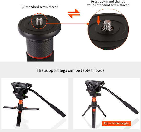 Monopied Din Aluminiu Cu Bază Tripodă Cu Cap Hidraulic Și Sarcină Maximă 8kg