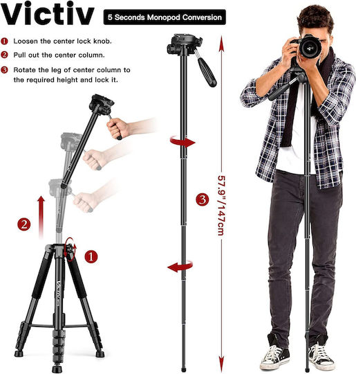 Trepied Video Din Aluminiu Cu Cap 3 Căi Și Sarcină Maximă 1.5kg