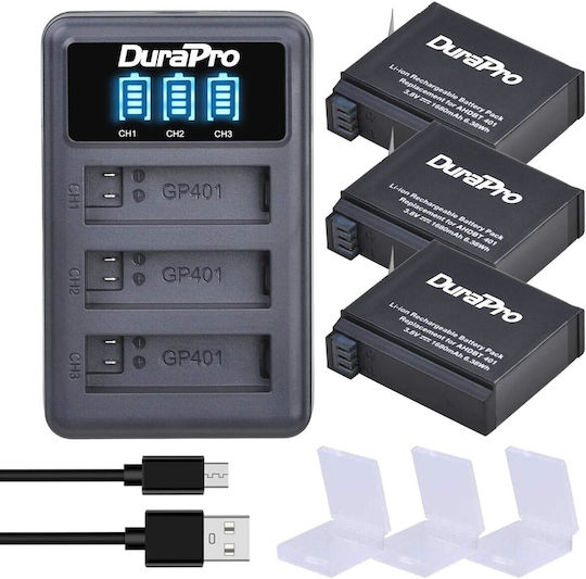 Set 3 Baterii Compatibile Gopro Hero 4 Ahdbt-401 1680 Mah Usb Încărcător cu Led Display cu 3 Canale pentru Cameră de Acțiune