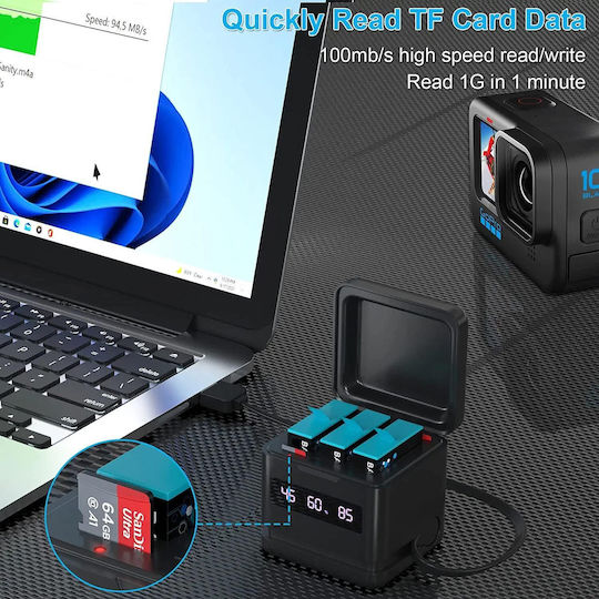Set 3 Baterii Gopro Hero 10 Hero 9 3 Baterii Reîncărcabile 2000 Mah Stație de Încărcare 3 Canale Indicator Led Usb Usb C Compatibil Gopro Hero Black 10 9 Black