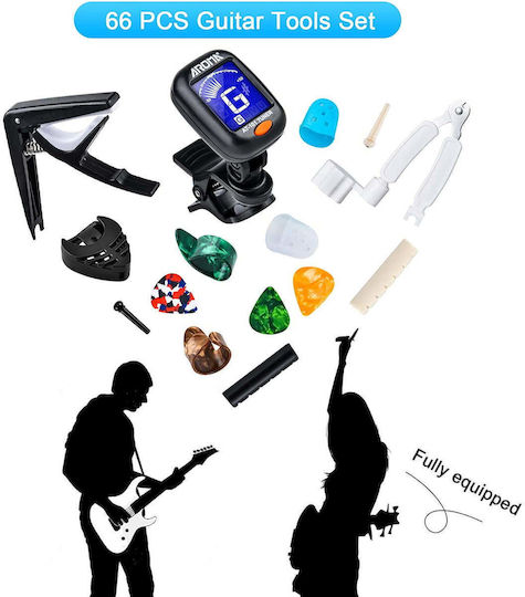 Guitar Zubehörset 66 Stück Einschließlich Tuner Capo Plektren Gitarrensaiten Steg 5 Silikon Finger Schützer
