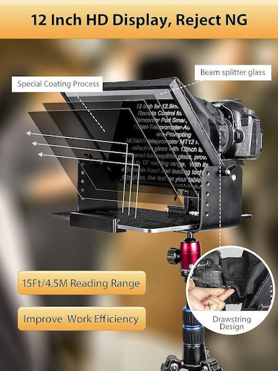 Kit Teleprompter de 12 Inch pentru Camere DSLR Control de la Distanță Compatibil cu Smartphone-uri și Tablete Până la 12.9 Inch Geantă de Metal pentru Depozitare și Transport Moman Mt12