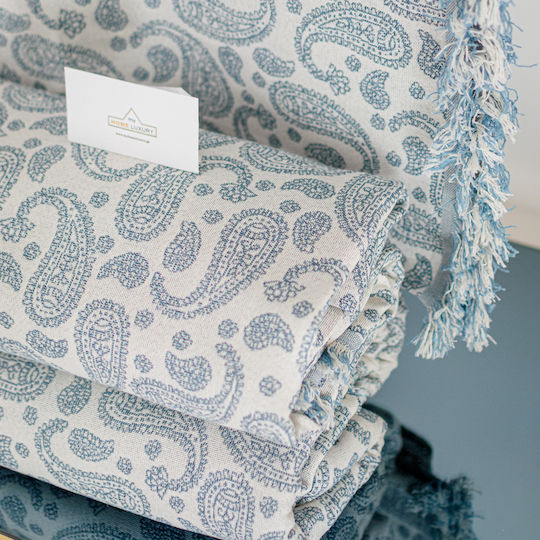 My Home Luxury Триместен диван Throw 180x300см. Ecru With Blue Pattern T2bl-300