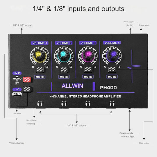 Amplificator Rgb Pentru Căști 4 Canale 3.5mm 4 Canale 6.35mm Mini Amplificator Ph400 Mono Stereo Control Volum Audio Scene Studiouri Petreceri Negru