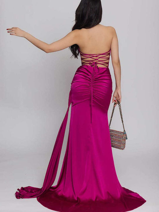 Summer Maxi Evening Strapless Satin Dress Magenta