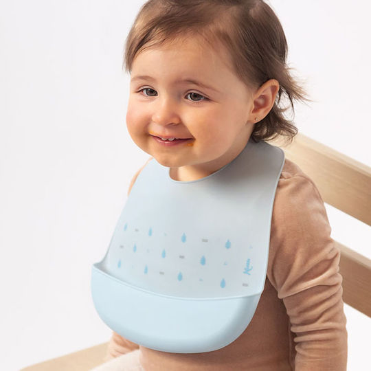 Kiokids Wasserdicht Lätzchen Silikon mit Taste & Tasche Sky Blue für 4 m+