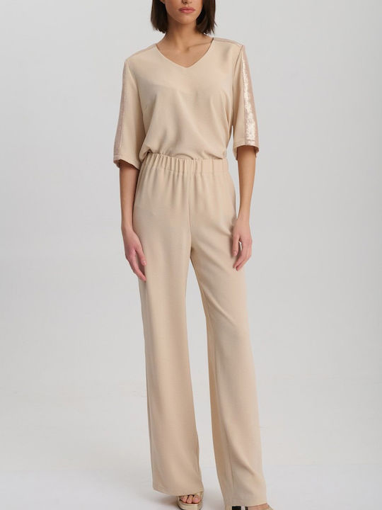 Women's Fabric Trousers with Elastic Beige