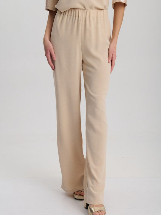Women's Fabric Trousers with Elastic Beige